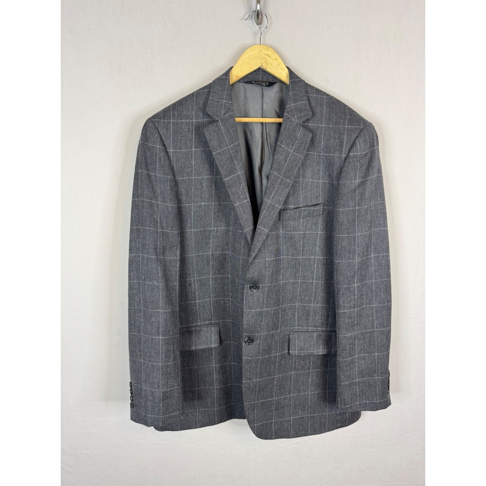 Alfred Sung Mens Grey Windowpane Wool Silk Linen Blend Blazer Jacket 44 X-Long